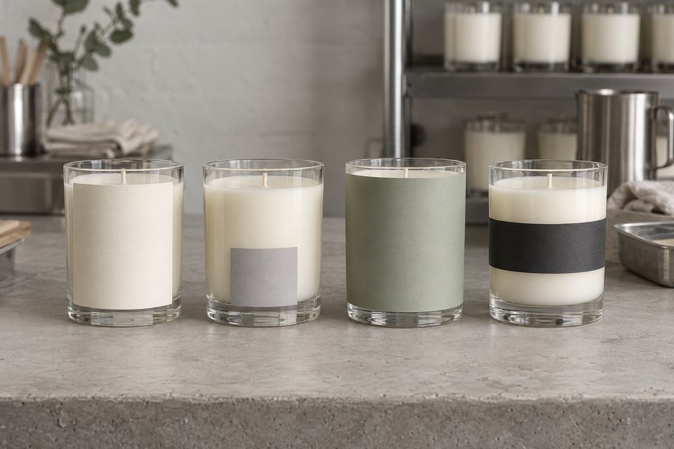 Four candles in the same vessel, each finished with a different label