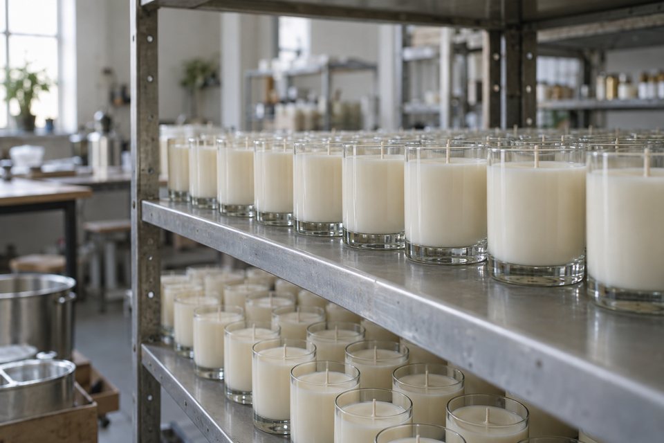 Rows of candles curing on workshop shelving