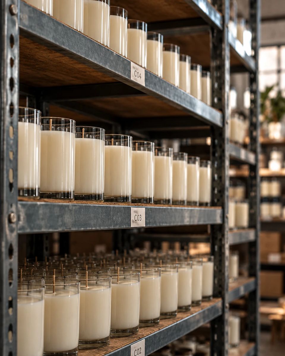 Candles curing on numbered workshop racks, shelves C02 to C04