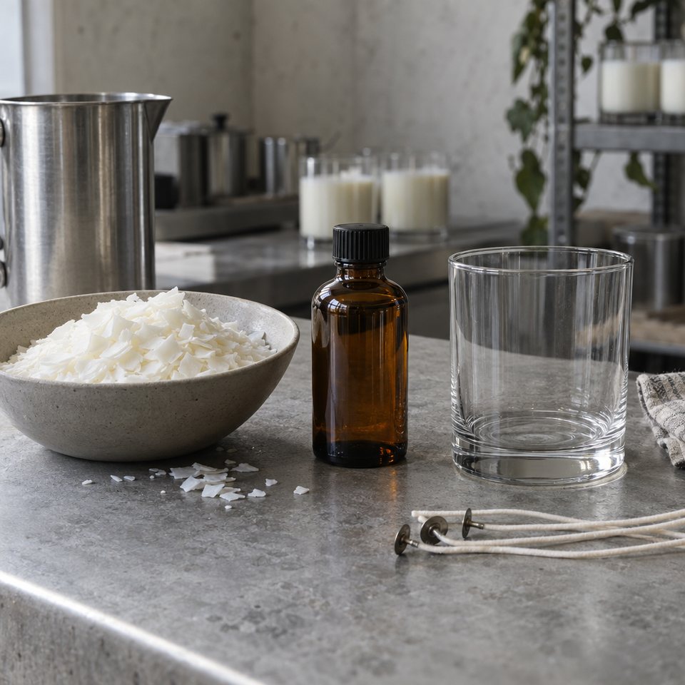 Soy wax flakes, a fragrance bottle and an empty glass vessel