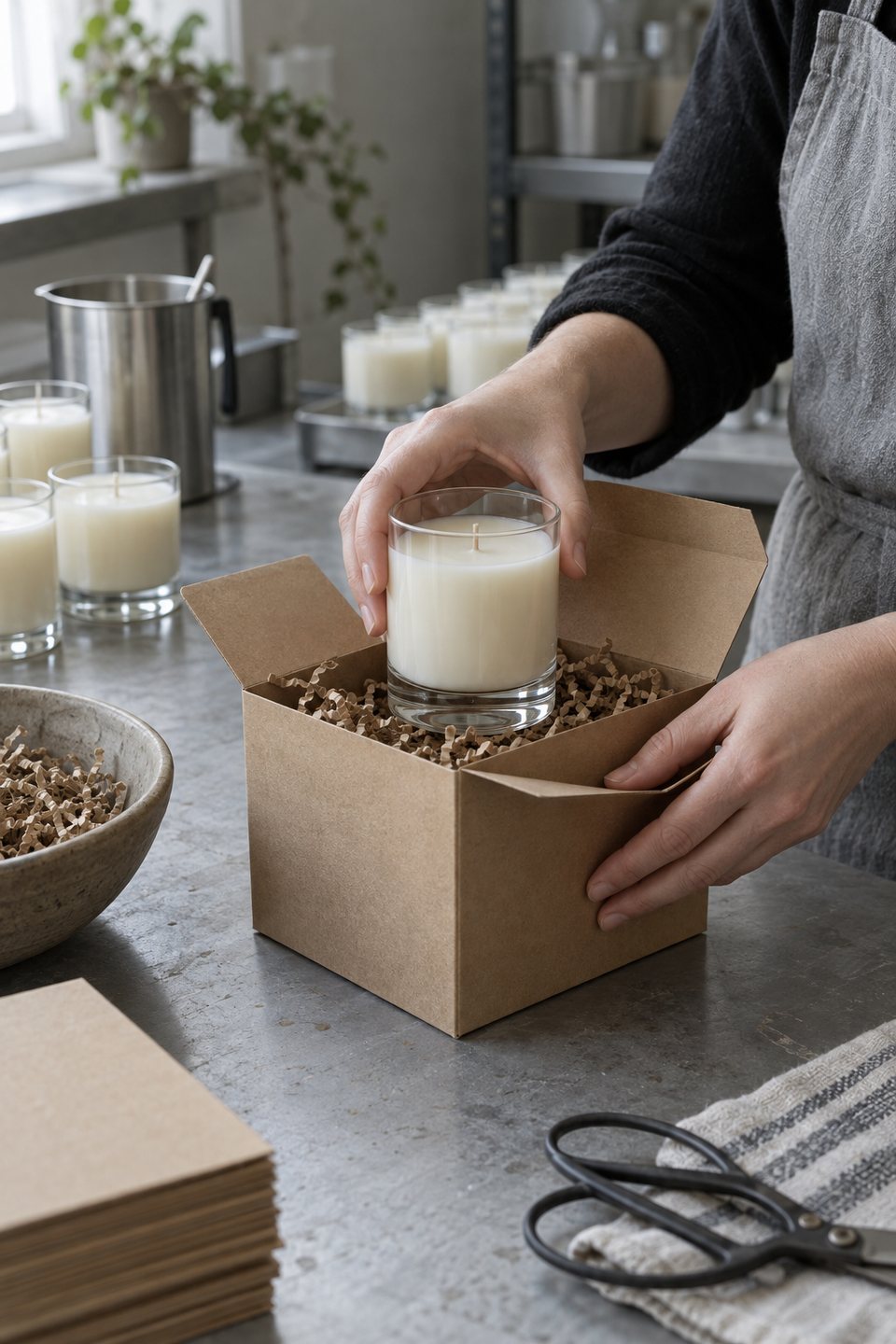 A finished candle being packed for dispatch