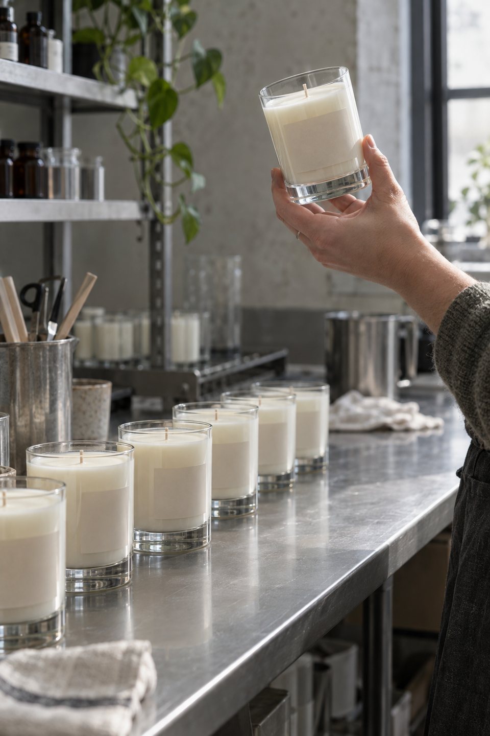 Finished candles being inspected against the light